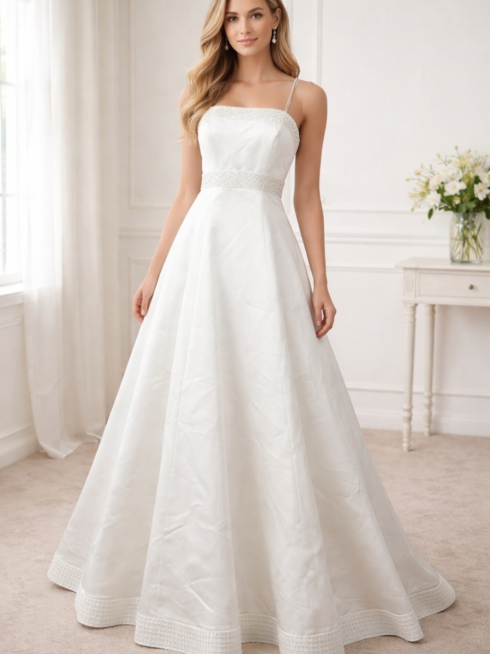 Classic White Spaghetti-Strap Wedding Gown with Beaded Waist